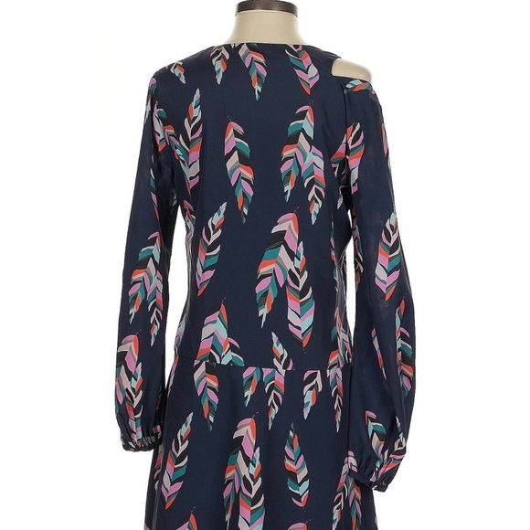 Crosby by Mollie burch blue and multi color feathers cold shoulder long sleeves - Picture 2 of 5